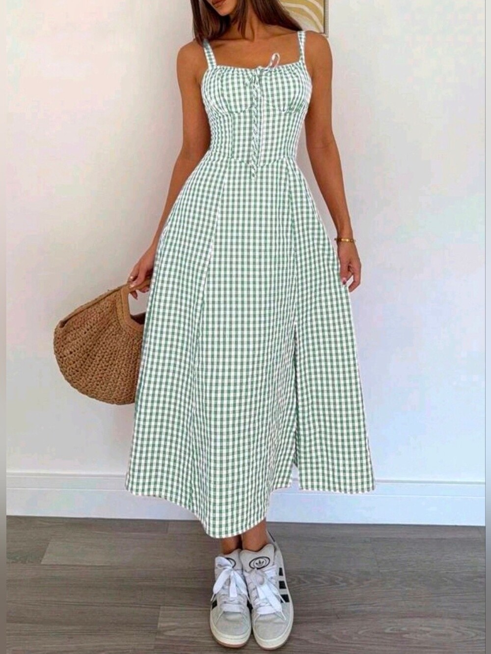 New Gingham Lace Up Back A Line Midi Dress Green White Cotton - Picture 2 of 6